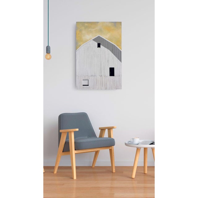 2020s Summer Sunset by Justin Wheatley | Acrylic on Panel White Barn With Yellow Sky For Sale - Image 5 of 8
