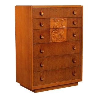 Grand Rapids Art Deco Figural Carved Tall Chest of Drawers For Sale
