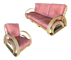 Restored "Double Tear Drop Arm" Rattan Lounge Chair & Sofa by Tochiku, 2 Pieces