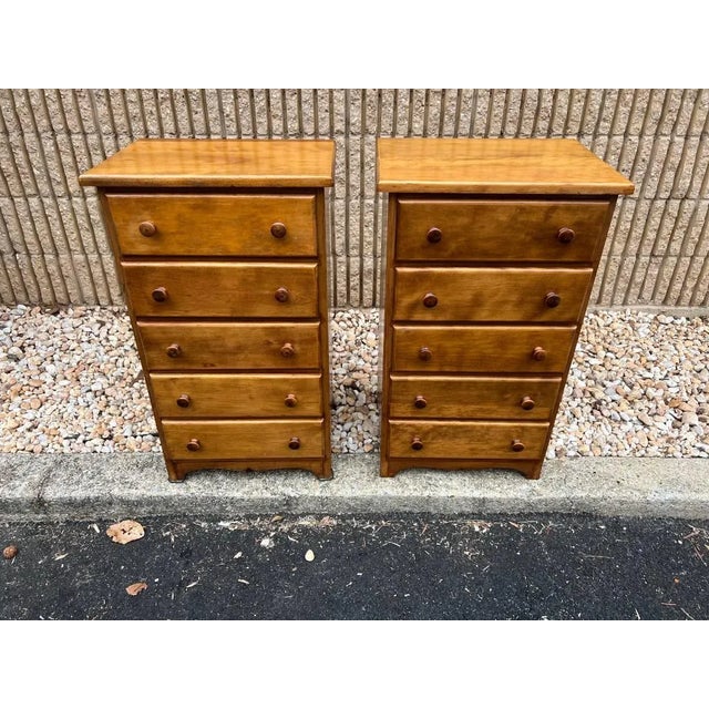 Pair of Vintage Early American Primitive Style Solid Tiger Maple Nightstands Small Chests For Sale - Image 10 of 12