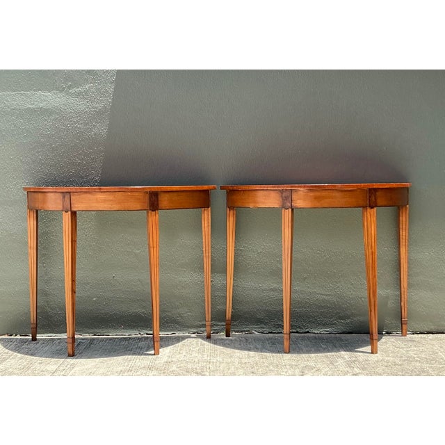 Neoclassical Vintage Regency Sunburst Burl Wood Demilune Tables - A Pair For Sale - Image 3 of 12
