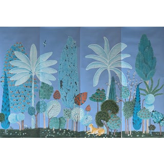 Blue Chinoiserie Mural | Hand-Painted Xuan Paper Wallpaper With Birds, Tropical Foliage & Leopard | Set of 4 For Sale