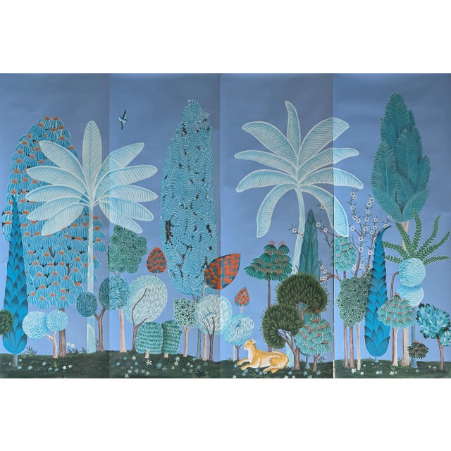 Blue Chinoiserie Mural | Hand-Painted Xuan Paper Wallpaper With Birds, Tropical Foliage & Leopard | Set of 4 For Sale