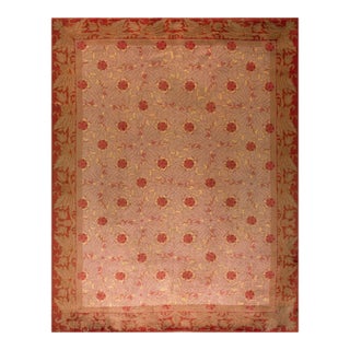 1920s Pink Rose Geometric Antique Irish Donegal Arts & Crafts Rug 10'8" X 13'3" Handknotted Wool Carpet For Sale