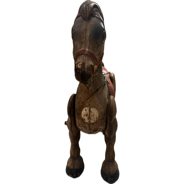 Tan Vintage 1940’s Mobo Horse Bronco Metal Riding Toy Self-Propelled England Wheels. Mid-Century Patina Steel Bouncing, Steering Ride Toy For Sale - Image 8 of 10