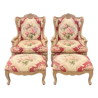Pair of French Louis XV Style Floral Bergeres Chairs With Matching Ottomans For Sale