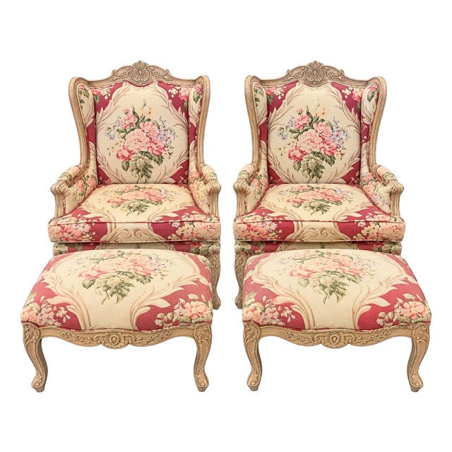 Pair of French Louis XV Style Floral Bergeres Chairs With Matching Ottomans For Sale