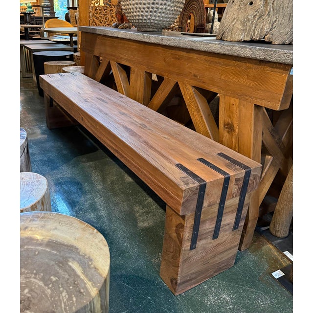 Wood Simple Farmhouse Salvaged Teak Bench W/Iron Details For Sale - Image 7 of 7