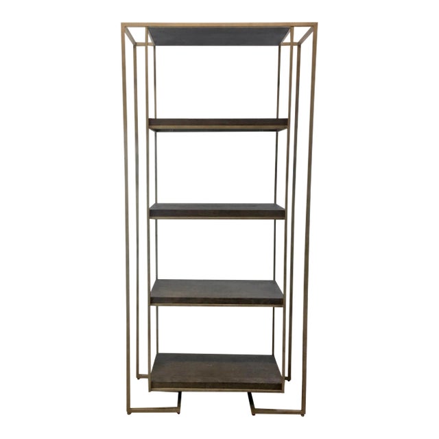 Modern Soft Gray Oak and Champagne Silver Metal Etagere For Sale