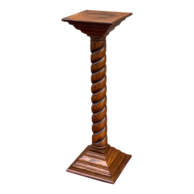 Vintage Jacobean Revival Oak Barley Twist 42" Fern / Plant Stand Pedestal For Sale