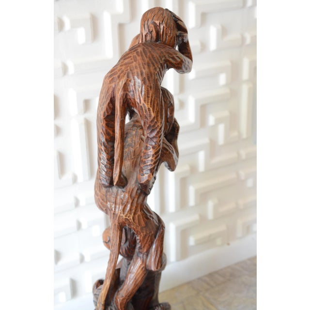 Folk Art Wood Carved Monkey See No Evil Statue For Sale - Image 3 of 11