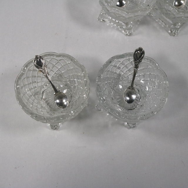 Mid 20th Century Mid 20th Century Fostoria Salt Cellars With Antique Heart Motif Sterling Silver Salt Spoons - Set of 4 For Sale - Image 5 of 14