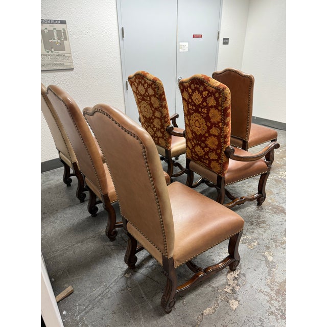 Wood Castlegate Dover Camel Leather + Upholstered Chairs, Set of Six For Sale - Image 7 of 12