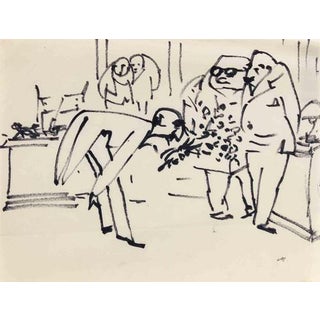 Mino Maccari, Yes Sir!, Black Marker on Paper, 1960s For Sale