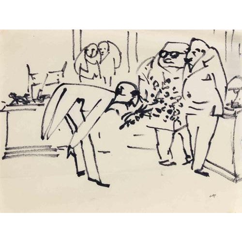 Mino Maccari, Yes Sir!, Black Marker on Paper, 1960s For Sale
