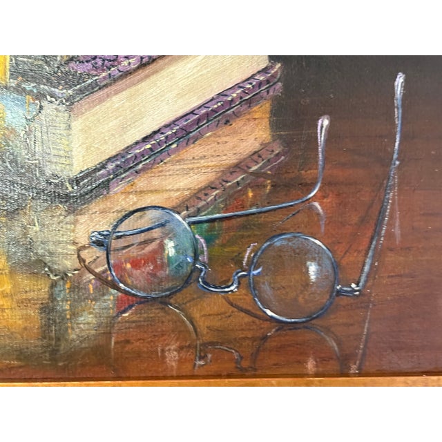 Framed Oil on Canvas "Libros Y Gafas" - "Books and Glasses" by Florencio Barandiaran Maza, Late 20th Century For Sale - Image 4 of 8