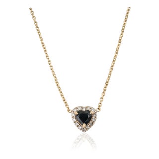 Modern 14k Yellow Gold Heart Blue Sapphire & Diamond Halo Pendant Necklace For Sale