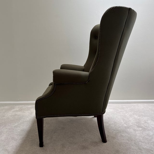 Textile Early 2000s Hickory Chair Isaac Wing Chair in Olive Wool Felt Upholstery For Sale - Image 7 of 12