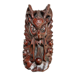 Vintage Indonesian Hand-Carved Horned Guardian Wall Mask With Inset Eyes