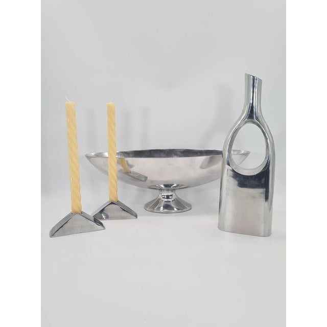 Polished Aluminum Platter, Candlesticks and Vase, 1990s, Set of 4 For Sale - Image 4 of 7