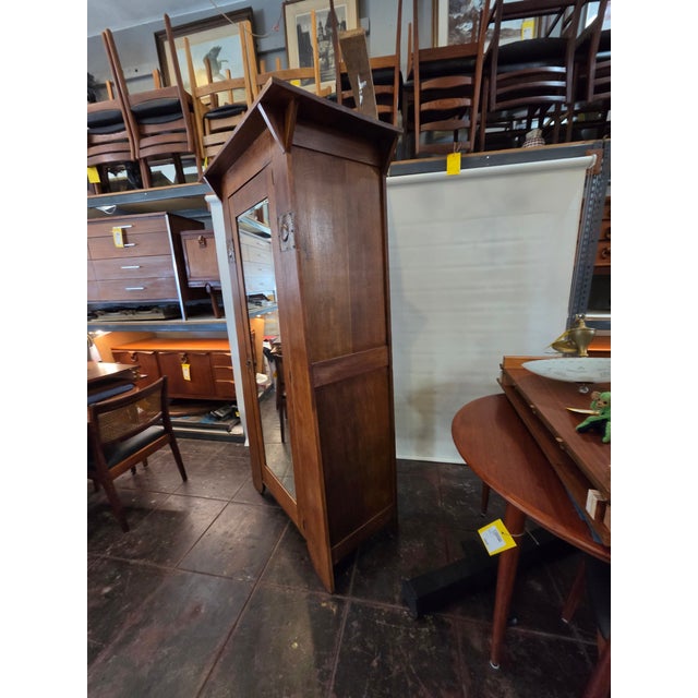 1900 - 1909 Arts & Crafts Liberty Style Oak Mission Armoire Hand Hammered Copper Accents For Sale - Image 5 of 13