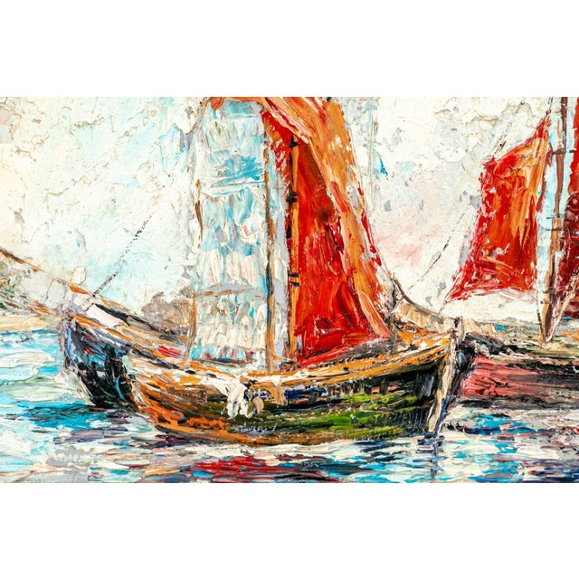 Mid-Century Modern Palette Knife Oil Marine Painting Twin Red Sailboats For Sale - Image 4 of 6