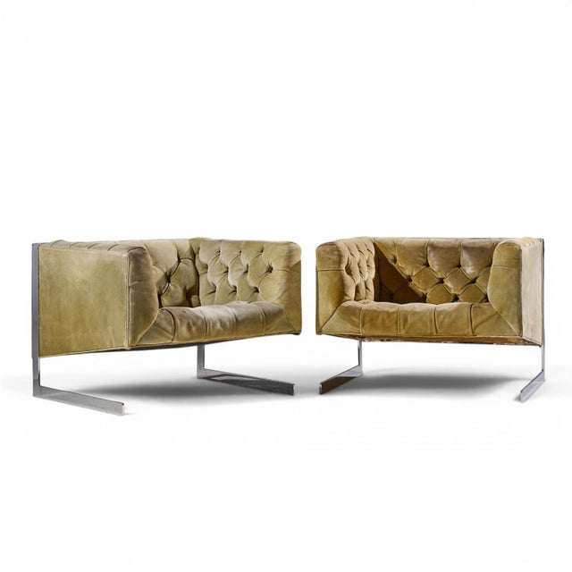 Milo Baughman for Thayer Coggin Mid Century Cantilever Steel Tufted Lounge Chairs - Pair Each chair measures: 34 wide x 31...