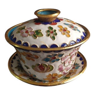 Vintage Chinese Cloisonné Enamel Floral "Three-Piece" Tea Bowl Set (Gaiwan) For Sale