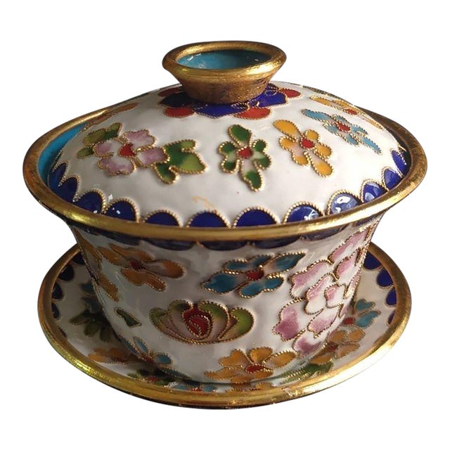Vintage Chinese Cloisonné Enamel Floral "Three-Piece" Tea Bowl Set (Gaiwan) For Sale