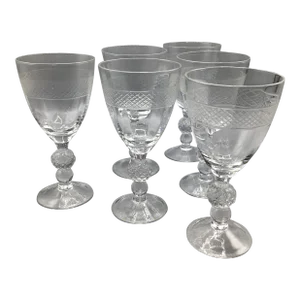 1950s Morgantown "Eton" Water/Wine Goblets Cut Ball Stem, With Cross Hatch Band -Set of 6 Crystal Glasses