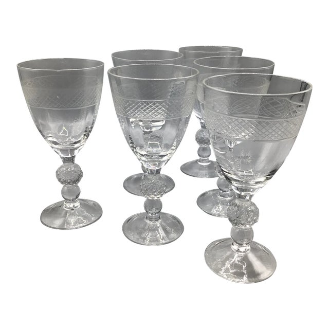 Morgantown "Eton" Water/Wine Goblets Cut Ball Stem, With Cross Hatch Band -Set of 6 Crystal Glasses For Sale