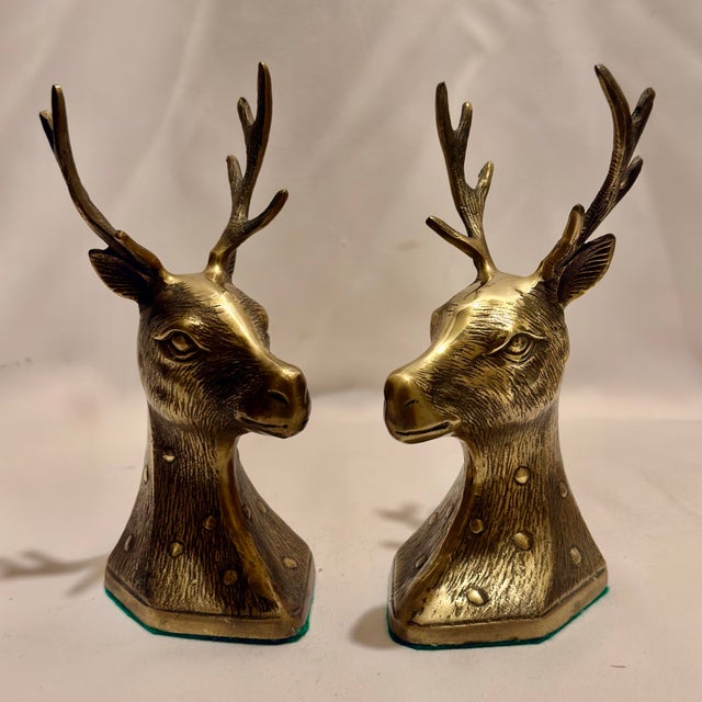 Metal Mid-Century Brass Stag Head Bookends - Set of 2 For Sale - Image 7 of 11