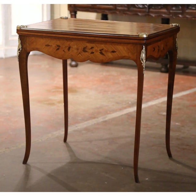 French 19th Century French Louis XV Walnut Marquetry Folding Game Table With Felt For Sale - Image 3 of 12