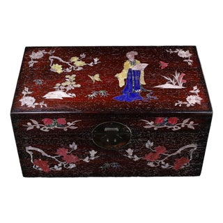 Large Dark Hardwood Treasure Chest, Mother-of-Pearl Shell Inlay, Court Lady With Fan, Peonies & Butterflies, Chinoiserie Storage Trunk For Sale