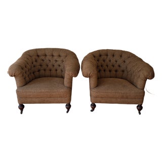 Pair of Chesterfield Tufted Deep Club Chairs With Turned Wooden Legs and Brass Casters For Sale