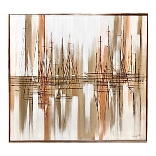 Exceptional Mid Century Dennis Blair Framed Abstract Impressionist Nautical Sailboats Stylized Vertical Linear Sketched Overlay For Sale