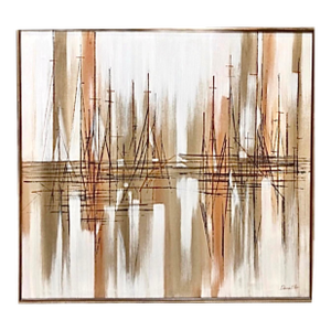 Exceptional Mid Century Dennis Blair Framed Abstract Impressionist Nautical Sailboats Stylized Vertical Linear Sketched Overlay