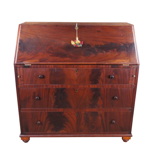 Hepplewhite Antique Georgian Flame Mahogany Slant Front Secretary Writing Desk Bureau For Sale - Image 3 of 16