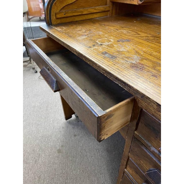Brown Antique Tiger Oak Roll Top Desk, Accordion Style, 5 Drawers, Solid Wood For Sale - Image 8 of 10