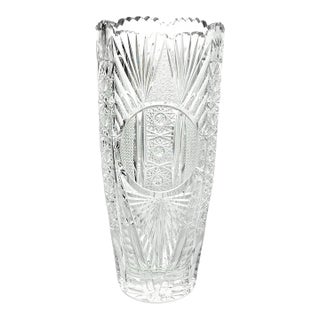 Large Heavy Vintage Bohemian Cut Lead Crystal Presentation Centerpiece Vase For Sale
