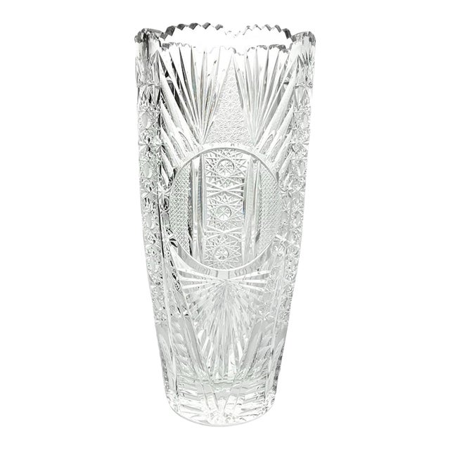 Large Heavy Vintage Bohemian Cut Lead Crystal Presentation Centerpiece Vase For Sale