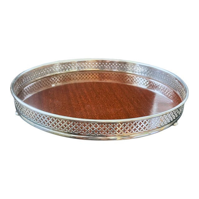 Vintage Silverplate & Mahogany Circular Gallery Tray With Pierced Quatrefoil Edge and Three Ball Feet For Sale