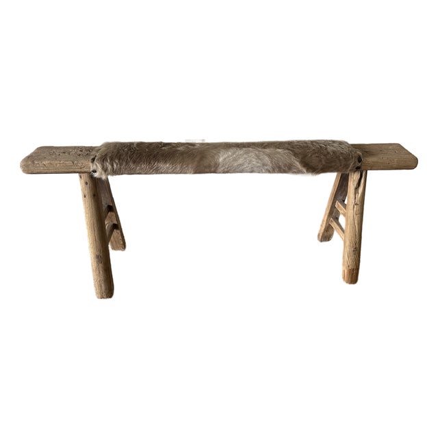 Antique Asian Shandong Elm Bench With Hide Upholstery For Sale