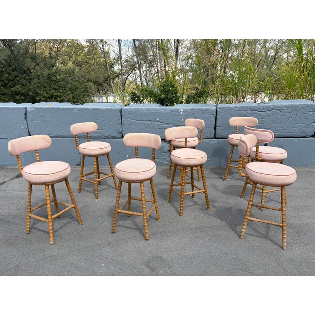 Faux Bamboo Swivel Barstools, Wood, Stools For Sale - Image 4 of 16