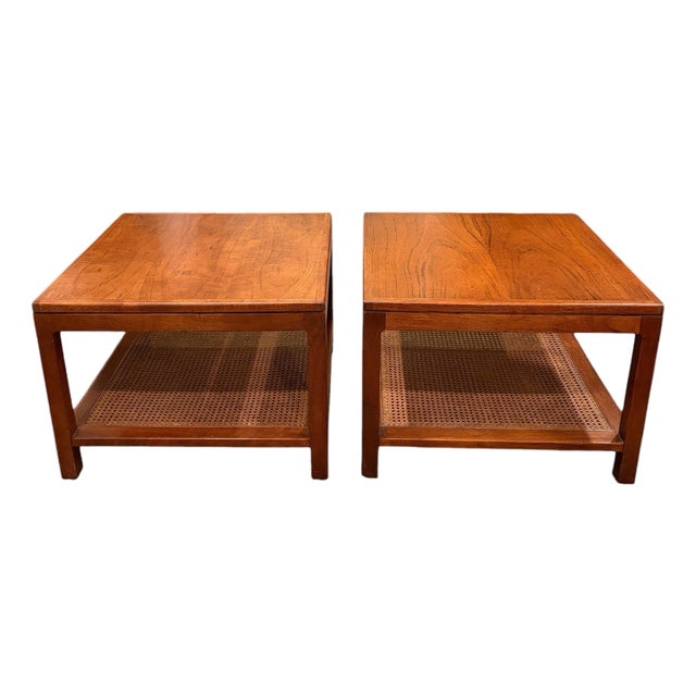 Jack Cartwright for Founders Mid-Century Modern Walnut Side Tables With Cane Shelves - A Pair For Sale