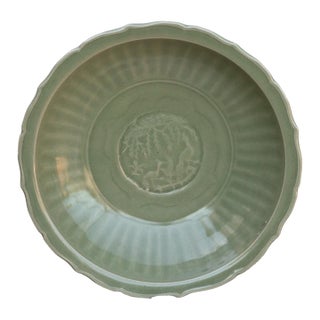 Antique Celadon Green Plate W/ Landscape Scene For Sale