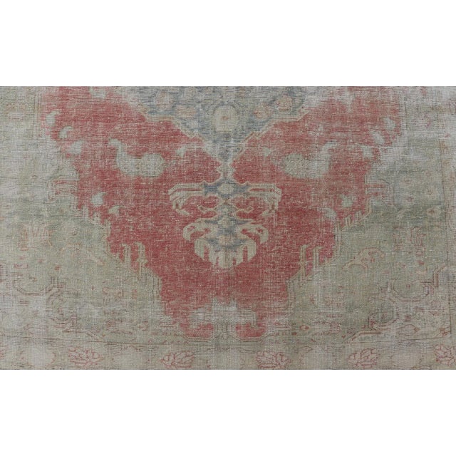 Antique Hand Knotted Turkish Oushak With Large Medallion in Off White and Coral 9'7 X 13'7 For Sale - Image 10 of 12