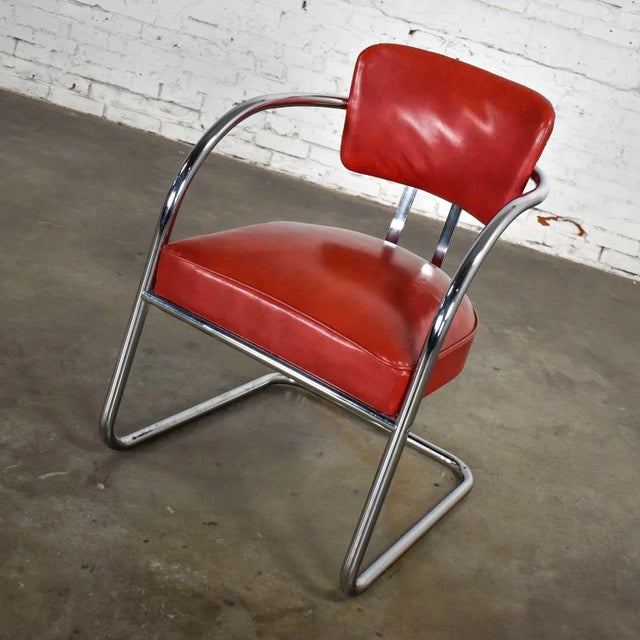 Mid 20th Century Art Deco Streamline Modern Bauhaus Accent Chair Cantilever Chrome & Red Vinyl Attributed to Kem Weber for Lloyd’s Manufacturing For Sale - Image 5 of 13