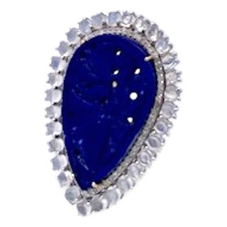 1990s Carved Lapis Moonstone and Diamond Ring, Size 7 For Sale