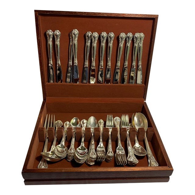 Vintage Grand Master by Godinger Silver-Plated Flatware Set – Service for 12 With Wooden Chest - 65 Pieces For Sale